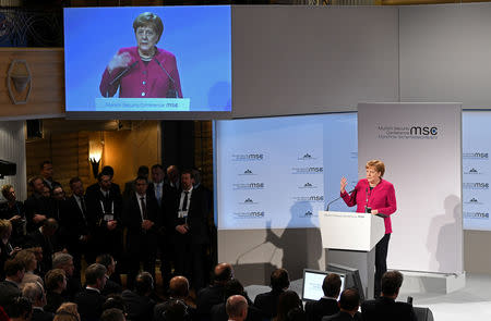 German Chancellor Angela Merkel speaks during Munich Security Conference in Munich, Germany February 16, 2019. REUTERS/Andreas Gebert