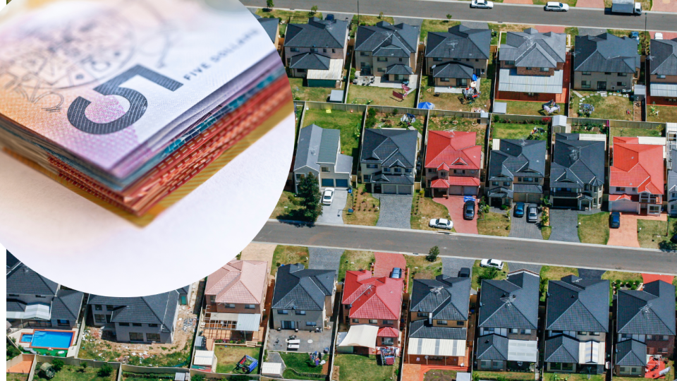 A composite image of money and aerial view of property.