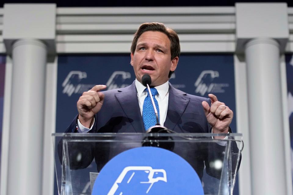 Florida Gov. Ron DeSantis speaks at an annual leadership meeting of the Republican Jewish Coalition on Nov. 19 in Las Vegas.