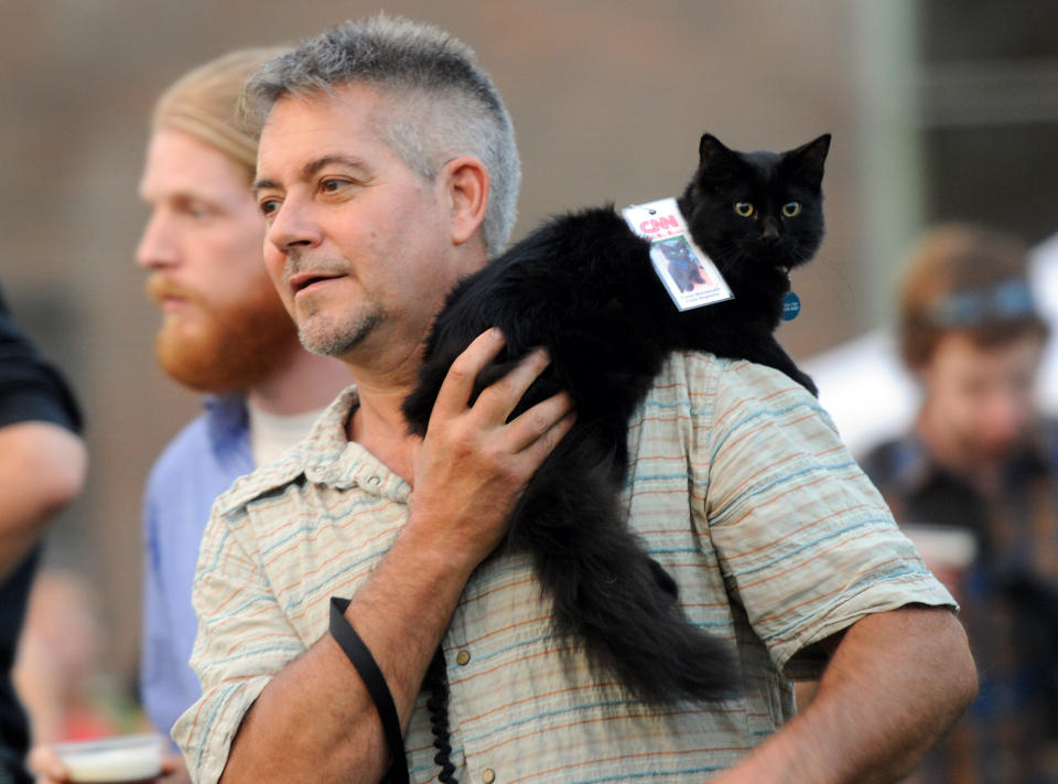 George Larson of Minneapolis hurries to find a place to sit with his cat Fiona Mekenzie as they arrive at the The Walker Art Center for the first "Internet Cat Video Film Festival," showcasing the best of cat films on the Internet in Minneapolis Thursday, Aug. 30, 2012. The Walker Art Center in Minneapolis held its first-ever online cat video festival, a compilation of silly cat clips that have become an Internet phenomenon, attracting millions of viewers for some of the videos. (AP Photo/Craig Lassig)