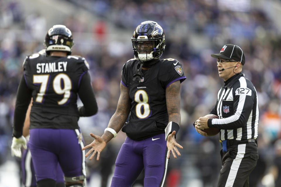 BALTIMORE, MARYLAND - DECEMBER 31: Lamar Jackson #8 of the Baltimore Ravens reacts during an NFL football game between the Baltimore Ravens and the Miami Dolphins at M&T Bank Stadium on December 31, 2023 in Baltimore, Maryland. (Photo by Michael Owens/Getty Images)