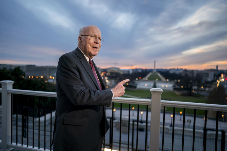 Sen. Patrick Leahy, D-Vt., the president pro temper of the Senate, stands on the balcony of his hideaway office at the Capitol as he discusses his life in the Senate and his Vermont roots during an Associated Press interview, in Washington, Monday, Dec. 19, 2022. The U.S. Senate's longest-serving Democrat, Leahy is getting ready to step down after almost 48 years representing his state in the U.S. Senate. (AP Photo/J. Scott Applewhite)