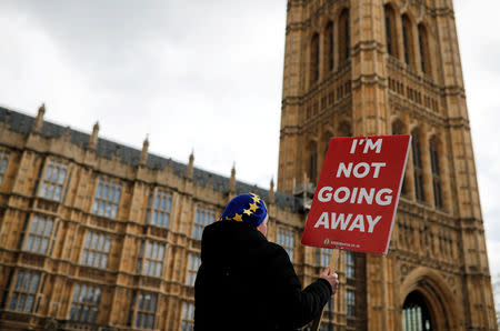 An anti-Brexit protester demonstrates outside the Houses of Parliament in London, Britain, April 3, 2019. REUTERS/Alkis Konstantinidis