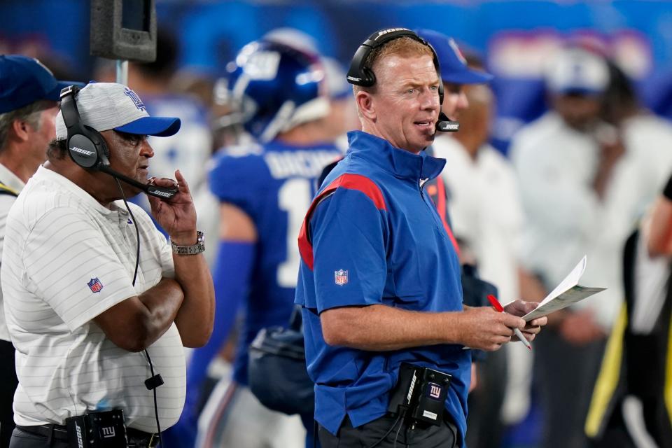 In this Aug. 14, 2021, file photo, New York Giants offensive coordinator Jason Garrett works the sidelines in the first half of an NFL preseason football game against the New York Jets in East Rutherford, N.J.