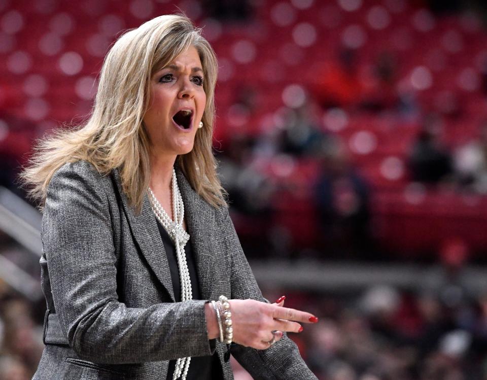 Texas Tech head coach Krista Gerlich yells during the game against SMU in the second round of the Women's National Invitation Tournament on Monday, March 20, 2023, at United Supermarkets Arena.