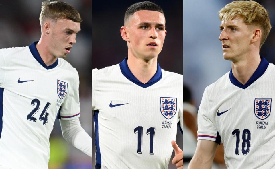 Wide options: Gareth Southgate could opt for Anthony Gordon or Cole Palmer over Phil Foden against Slovakia (Getty Images)