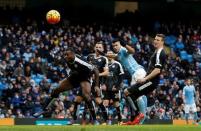 Football - Manchester City v Leicester City - Barclays Premier League - Etihad Stadium - 6/2/16 Manchester City's Sergio Aguero scores their first goal Reuters / Andrew Yates Livepic