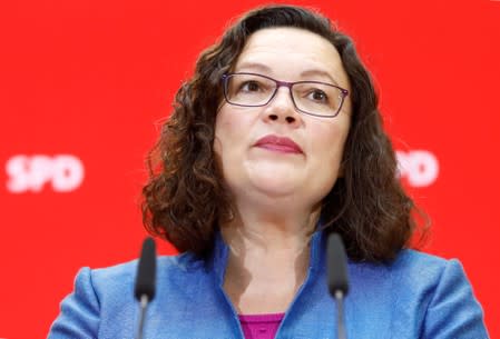 Leader of Social Democratic Party (SPD) Andrea Nahles attends a news conference after Bavaria state election, in Berlin