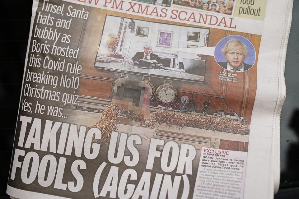 The front page of The Sunday Mirror featuring an image of a screen with Prime Minister Boris Johnson sitting in front of a laptop (Aaron Chown/PA) (PA Wire)