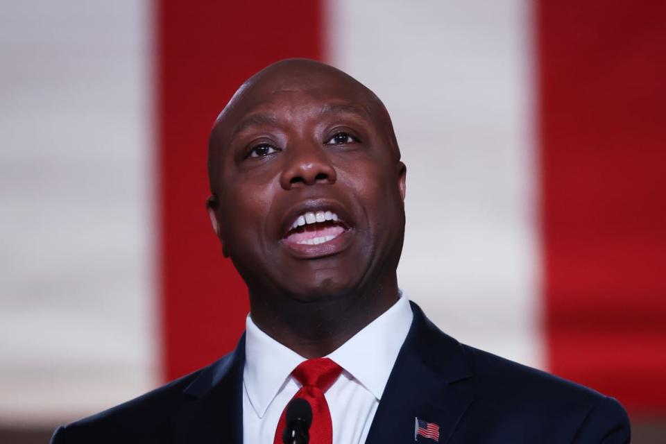 WASHINGTON, DC – AUGUST 24: U.S. Sen. Tim Scott (R-SC) stands on stage in an empty Mellon Auditorium while addressing the Republican National Convention at the Mellon Auditorium on August 24, 2020 in Washington, DC. The novel coronavirus pandemic has forced the Republican Party to move away from an in-person convention to a televised format, similar to the Democratic Party’s convention a week earlier. (Photo by Chip Somodevilla/Getty Images)