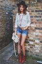 We love this laid back look. Jean shorts by The Kooples, gorgeous red boots by Iro and a cool cowboy hat from Topshop.