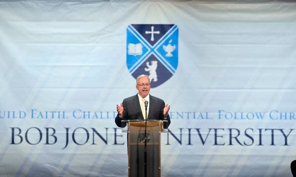 Steve Pettit addresses the crowd after being announced as the fifth president of Bob Jones University, effective on May 10, on Thursday, May 8, 2014.