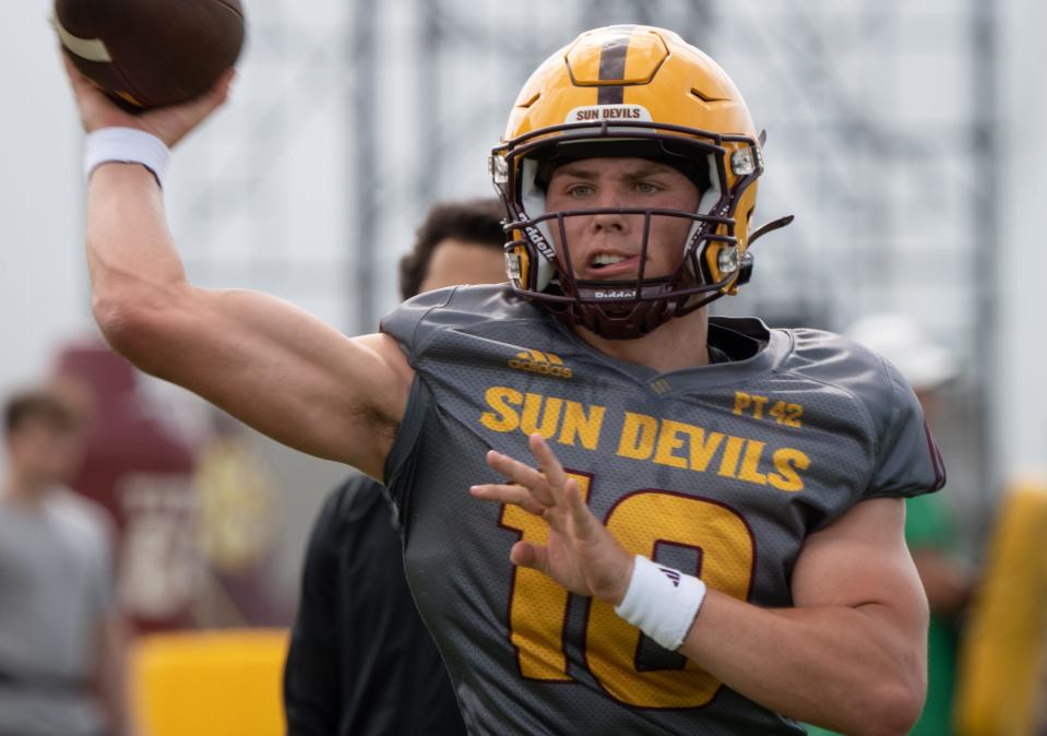 ASU football quarterback Sam Leavitt throws a pass during practice on March 26, 2024, at ASU's Kajikawa Practice fields in Tempe.