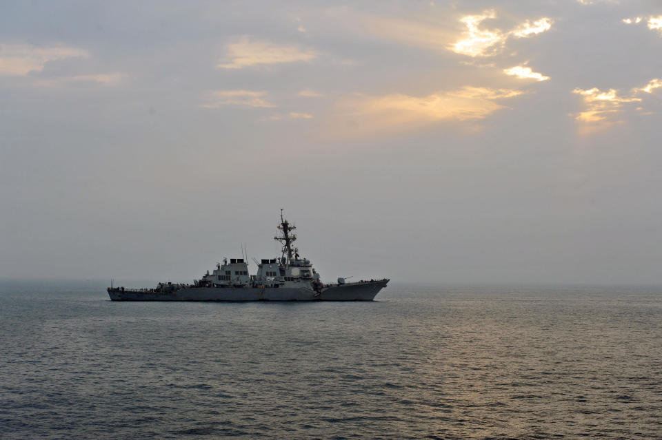 This photo provided by the U.S. Navy, Sunday, Aug. 12, 2012, shows the guided-missile destroyer USS Porter after it was damaged in a collision with the Panamanian flagged, Japanese-owned bulk oil tanker M/V Otowasan in the Strait of Hormuz early Sunday. (AP Photo/U.S. Navy, Petty Officer 3rd Class Jonathan Sunderman)