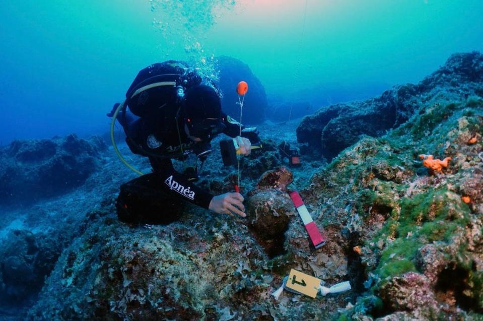 A diver inspects an underwater artifact