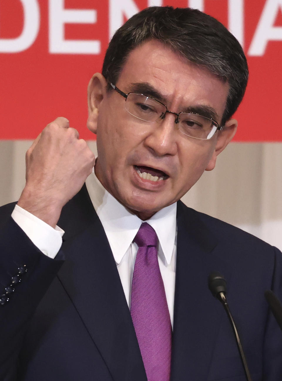 Taro Kono, a candidate of the ruling Liberal Democratic Party (LDP) presidential election and currently the minister in charge of vaccinations, delivers a speech for his election campaign in Tokyo Friday, Sept. 17, 2021. Official election campaigning kicked off Friday for the new head of Japan’s governing Liberal Democratic Party, whose winner is almost assured to become next Japanese prime minister.(Yoshikazu Tsuno/Pool Photo via AP)