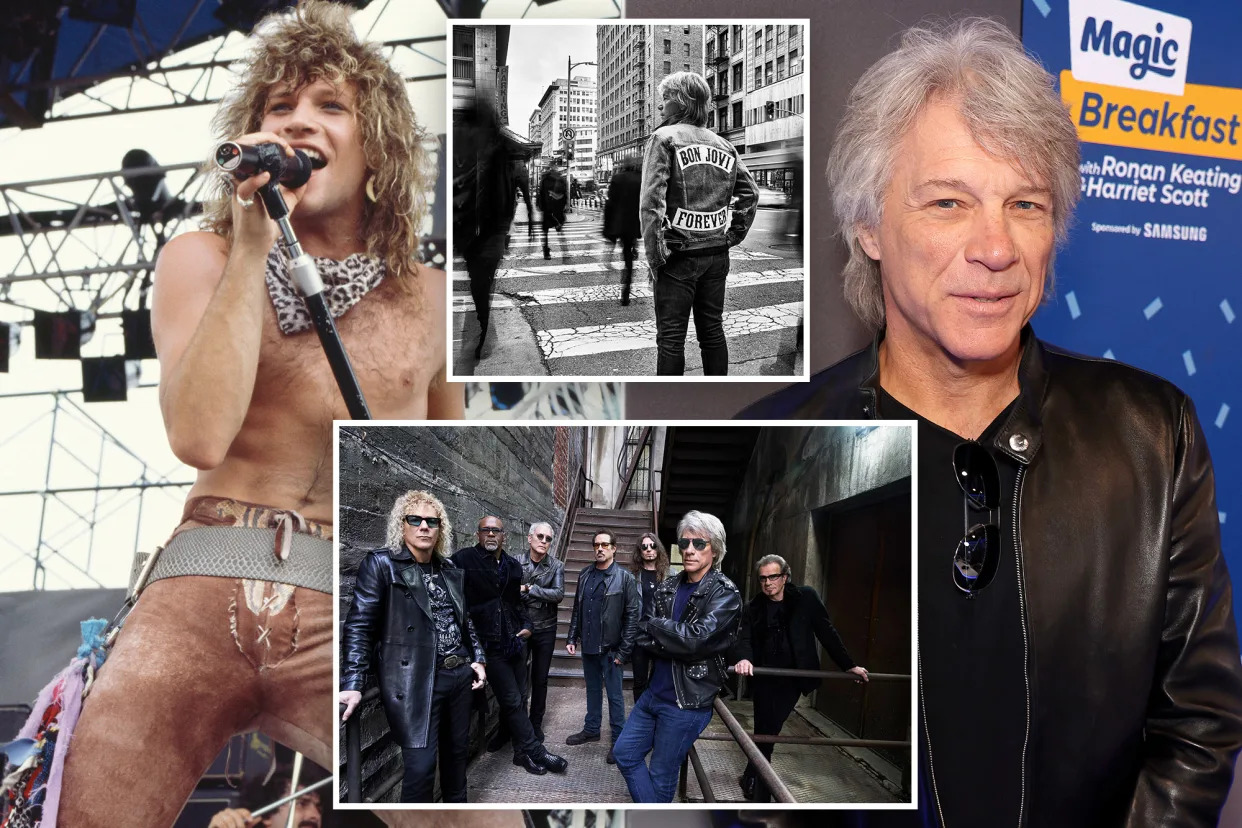 Jon Bon Jovi circa 1984 and recent, and the band Bon Jovi.