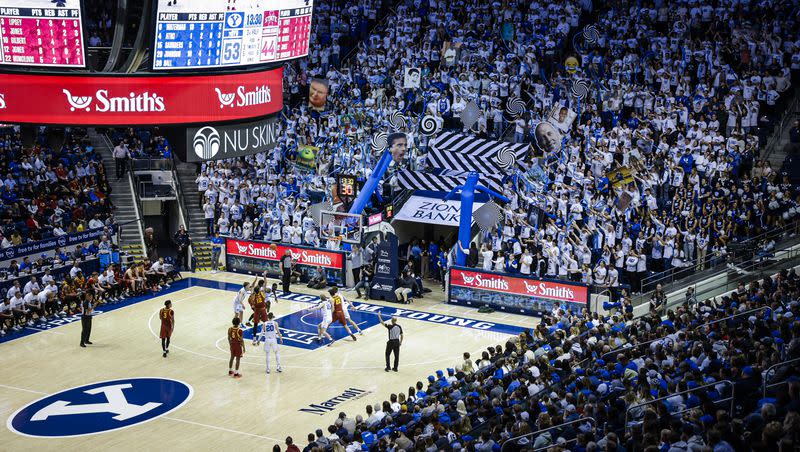 BYU’s ROC student section attempts to distract an Iowa State free throw shooter on Tuesday, Jan. 16, at the Marriott Center.