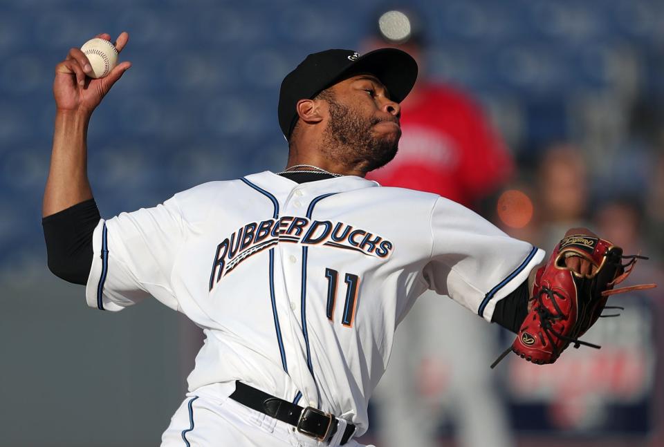 Xzavion Curry, here pitching for the Akron RubberDucks, is the No. 20 prospect in the Guardians organization.