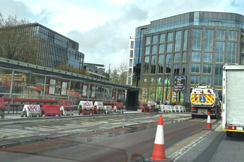 The exclusion zone around the Grosvenor Hotel on Temple Way is removed by Bristol City Council, reopening the bus stop, pavement and bus lane, on the afternoon of April 11, 2024, following the partial demolition of the hotel