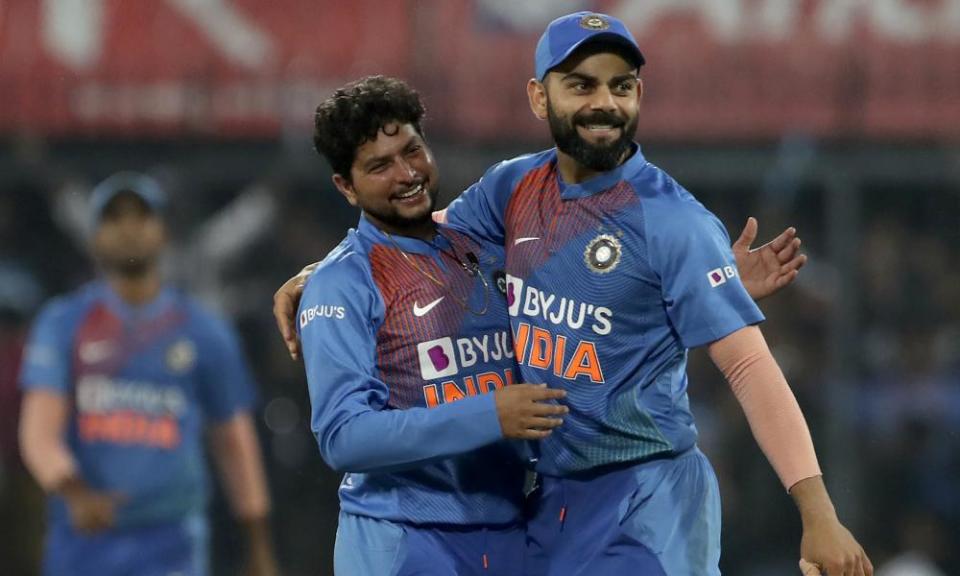 Kuldeep Yadav celebrates with India’s captain Virat Kohli during a T20 game with Sri Lanka at the start of the year.