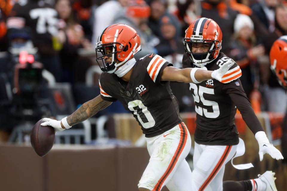 Cleveland Browns cornerback Greg Newsome II (0) reacts after intercepting a pass intended for Jacksonville Jaguars wide receiver Calvin Ridley on Sunday in Cleveland.