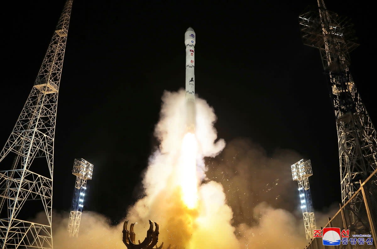This photo provided by the North Korean government shows what the country said is the launch of the Malligyong-1, a military spy satellite, into orbit (AP)