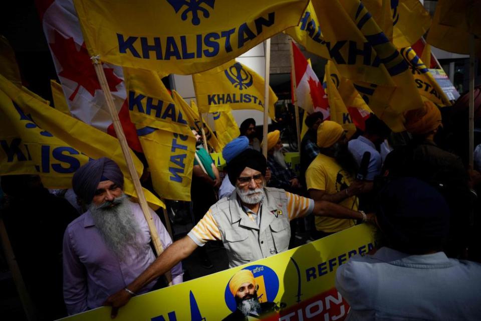 Demonstrators gather in support of Khalistan outside the Consulate General of India, in Toronto on 25 September, following Nijjar’s murder.