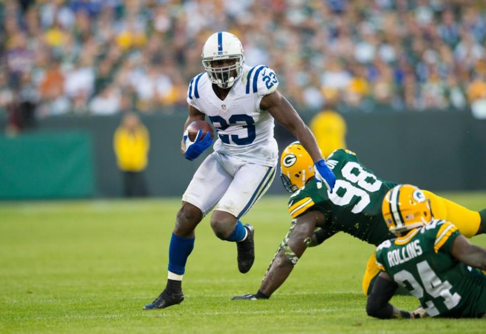 Nov 6, 2016; Green Bay, WI, USA; Indianapolis Colts running back Frank Gore (23) during the game against the Green Bay Packers at Lambeau Field. Indianapolis won 31-26. Mandatory Credit: Jeff Hanisch-USA TODAY Sports