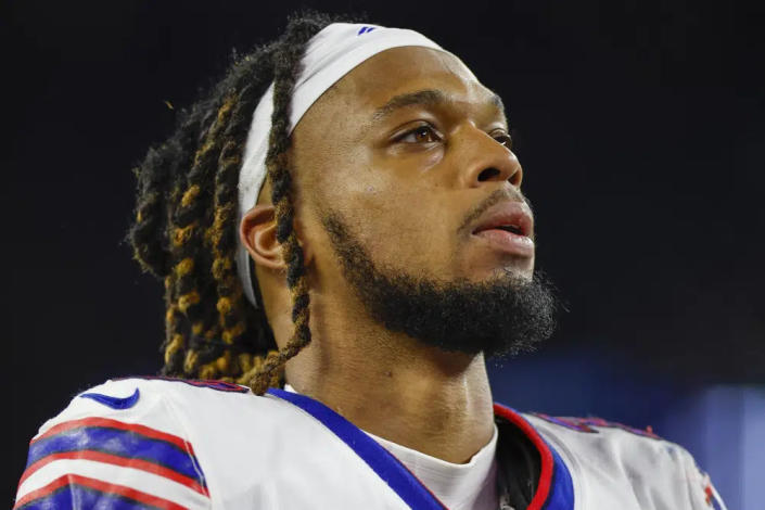 Buffalo Bills defensive back Damar Hamlin (3) leaves the field after an NFL football game against the New England Patriots, Thursday, Dec. 1, 2022, in Foxborough, Mass. (AP Photo/Greg M. Cooper, File)