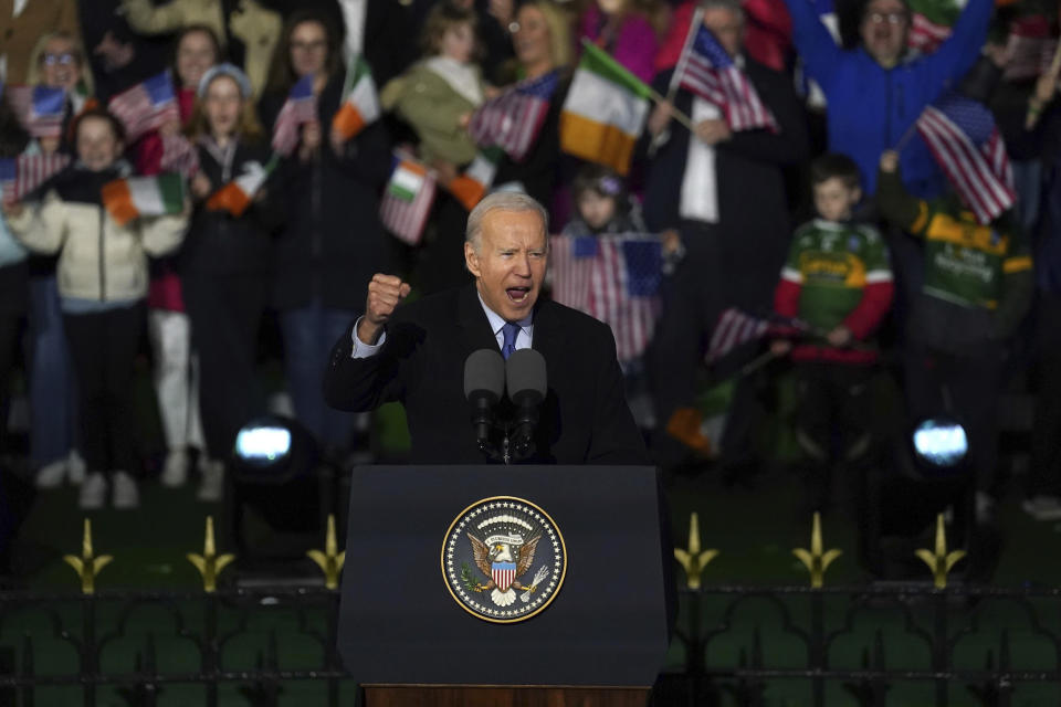 President Joe Biden delivers a speech at St Muredach's Cathedral in Ballina, Ireland, Friday, April 14, 2023. (Brian Lawless/PA via AP)