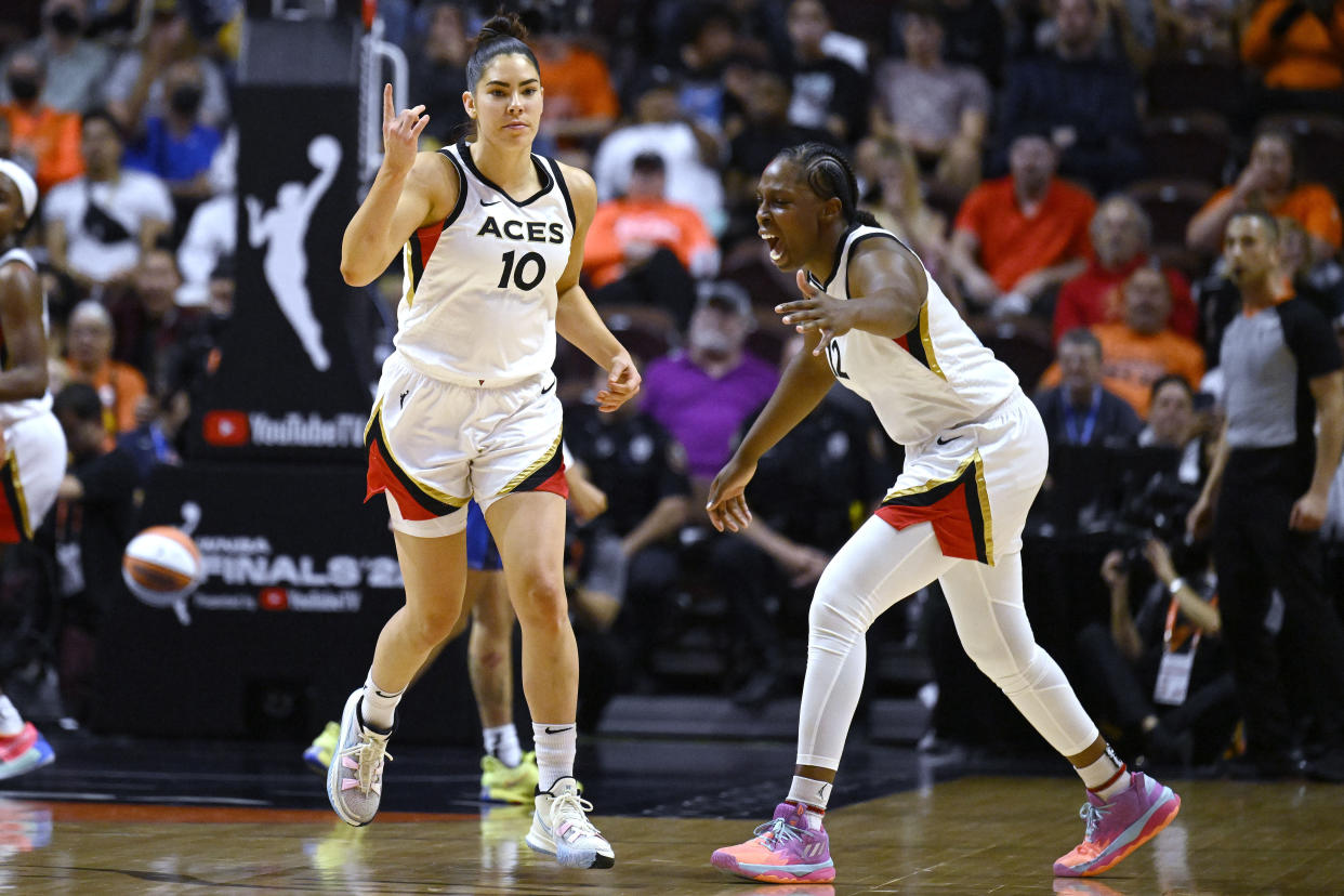 Kelsey Plum, left, and Chelsea Gray picked up the Skills Challenge win at home. (AP Photo/Jessica Hill)