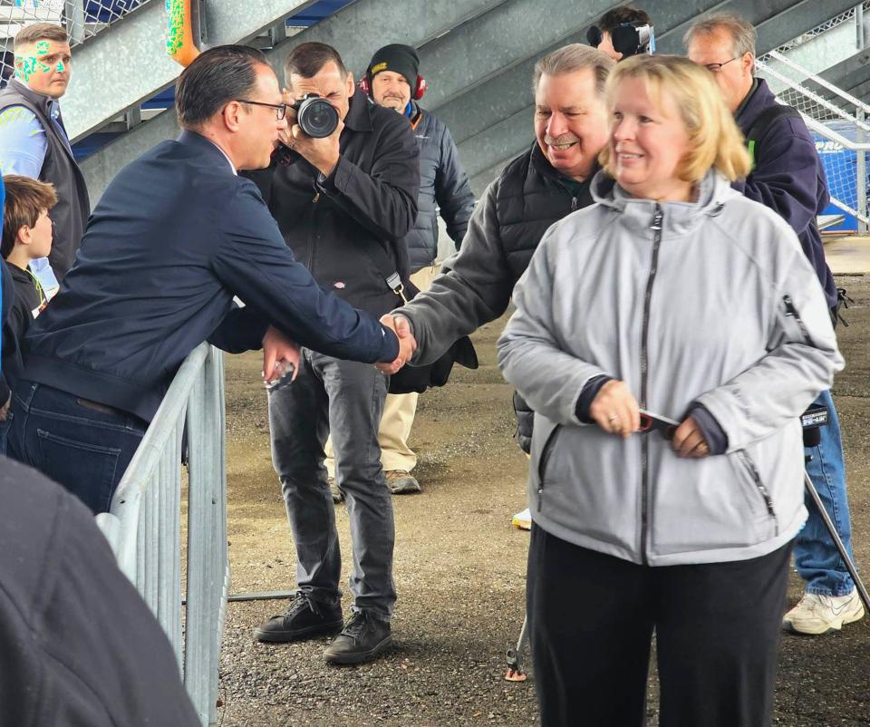 Pennsylvania Governor Josh Shaprio is shown at the Lake Erie Speedway on April 8, 2024 ahead of the total solar eclipse.