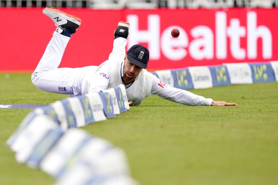 England’s Jack Leach crashes into the boundary ropes trying to save runs during day one of the Second LV= Insurance Test (Mike Egerton/PA) (PA Wire)