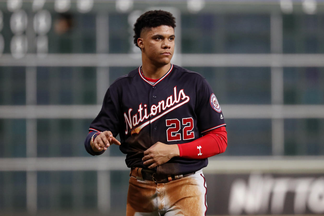 Young Nats star Juan Soto had three hits, a homer and stole a base in World Series Game 1. (Photo by Rob Tringali/MLB Photos via Getty Images)