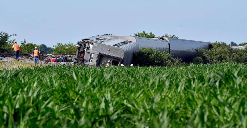 Several cars of an Amtrak train traveling from Los Angeles to Chicago derailed Monday afternoon after it struck a dump truck at a crossing in northern Missouri, Amtrak announced. More than 200 people were on board the train at the time of the crash.