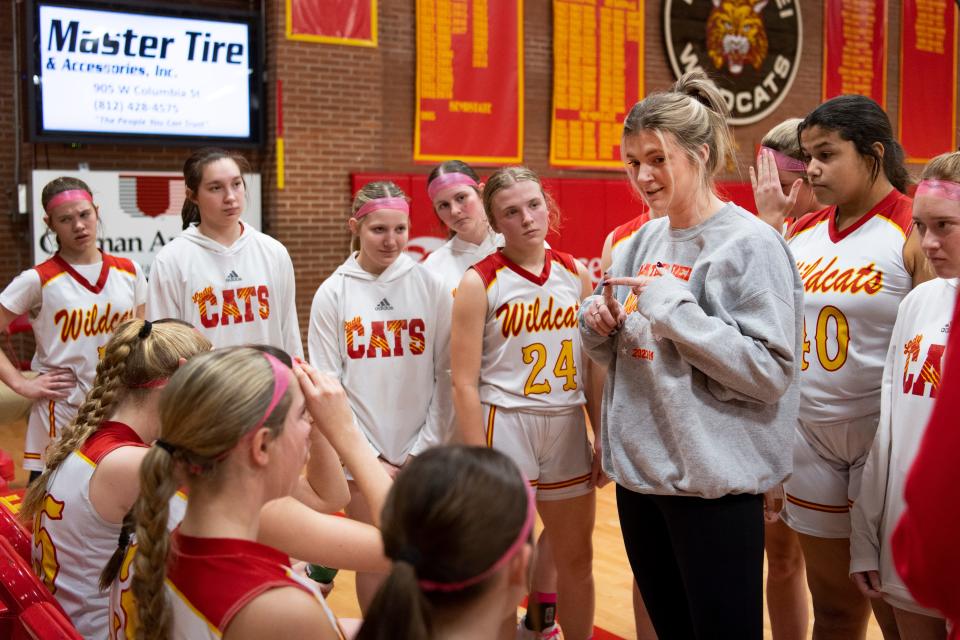 Mater Dei Junior Varsity Head Coach Maura Muensterman gives direction before the start of the second half as the Wildcats play the Central Bears at home Thursday, Jan. 18, 2024.