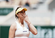 Russia's Anastasia Pavlyuchenkova celebrates after defeating Belarus's Victoria Azarenka during their fourth round match on day 8, of the French Open tennis tournament at Roland Garros in Paris, France, Sunday, June 6, 2021. (AP Photo/Thibault Camus)