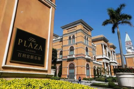 The name of The Plaza Casino is displayed at the entrance to the Four Seasons Hotel at Taipa in Macau, China February 16, 2017. REUTERS/Bobby Yip