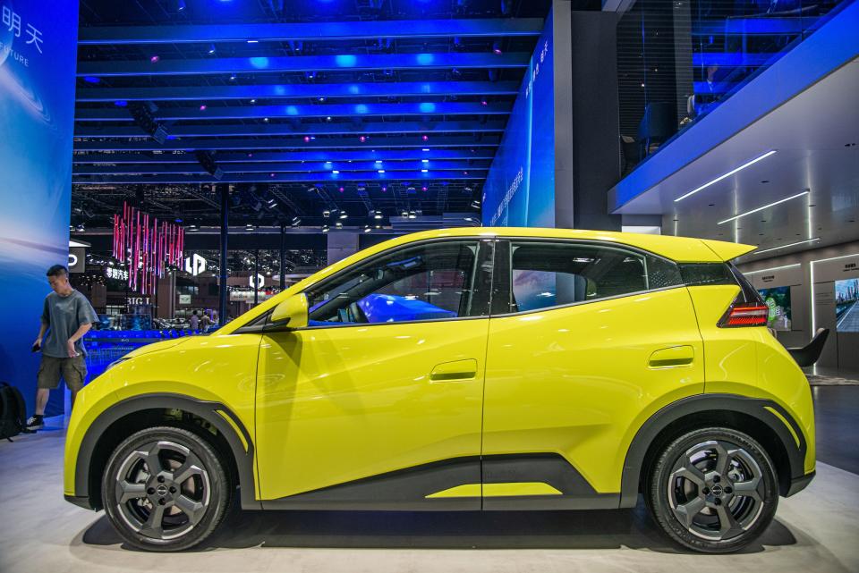 The yellow BYD Seagull electric car at the Shangai auto show.