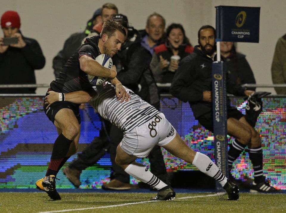 Chris Wyles of Saracens powers his way across the line (Getty)