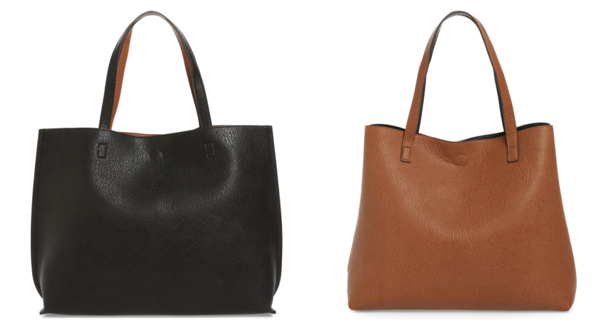 Nordstrom’s faux leather reversible tote is essentially two purses for the price of one. (Photo via Nordstrom)