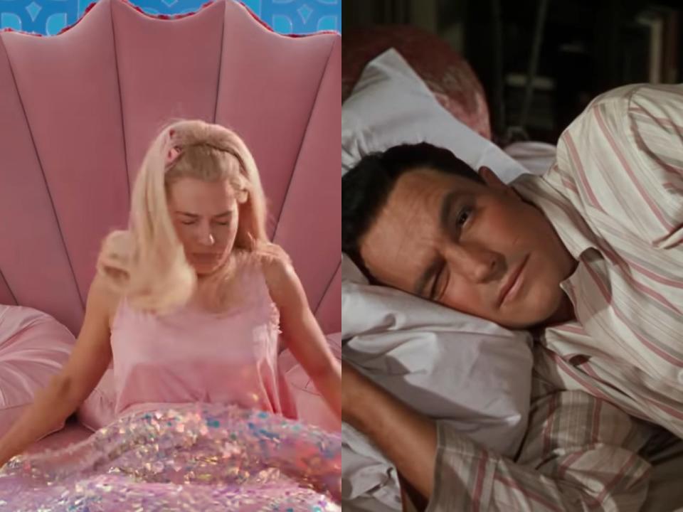 Left: Margot Robbie waking up in "Barbie." Right: Gene Kelly waking up in "An American in Paris."