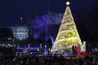 <p>President Donald Trump and first lady Melania Trump stand after lighting the 2017 National Christmas Tree on the Ellipse near the White House, Thursday, Nov. 30, 2017, in Washington. (Photo: Andrew Harnik/AP) </p>