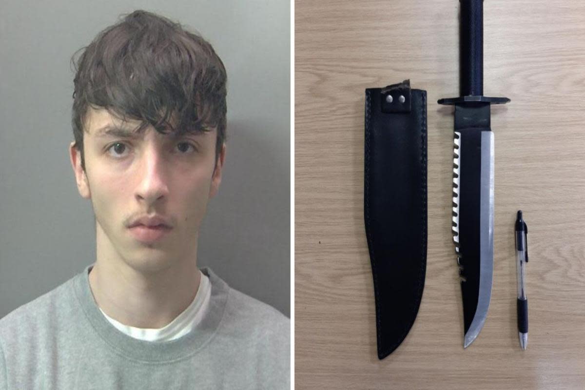 E-scooter riding drug dealer Dillon Farrar has been jailed for four years after he was found with a Rambo knife down his trousers . <i>(Image: Police)</i>