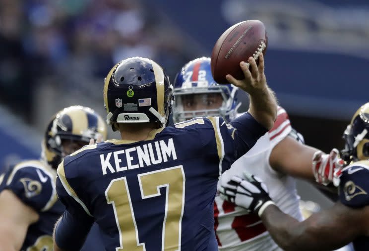 Case Keenum tossed four interceptions in Sunday's defeat in London against the New York Giants. (AP) 