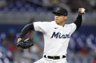 Miami Marlins' Jesus Luzardo delivers a pitch during the first inning of a baseball game against the Atlanta Braves, Monday, Oct. 3, 2022, in Miami. (AP Photo/Wilfredo Lee)