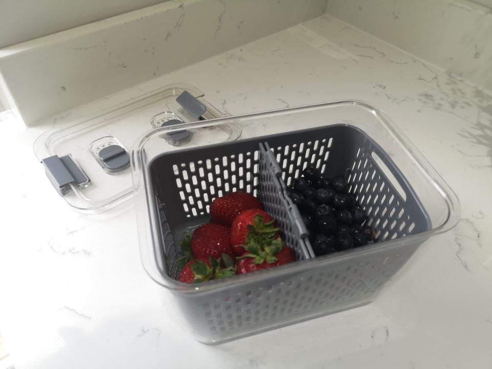 Fresh produce storage boxes that allow washed fruit to dry in the fridge.