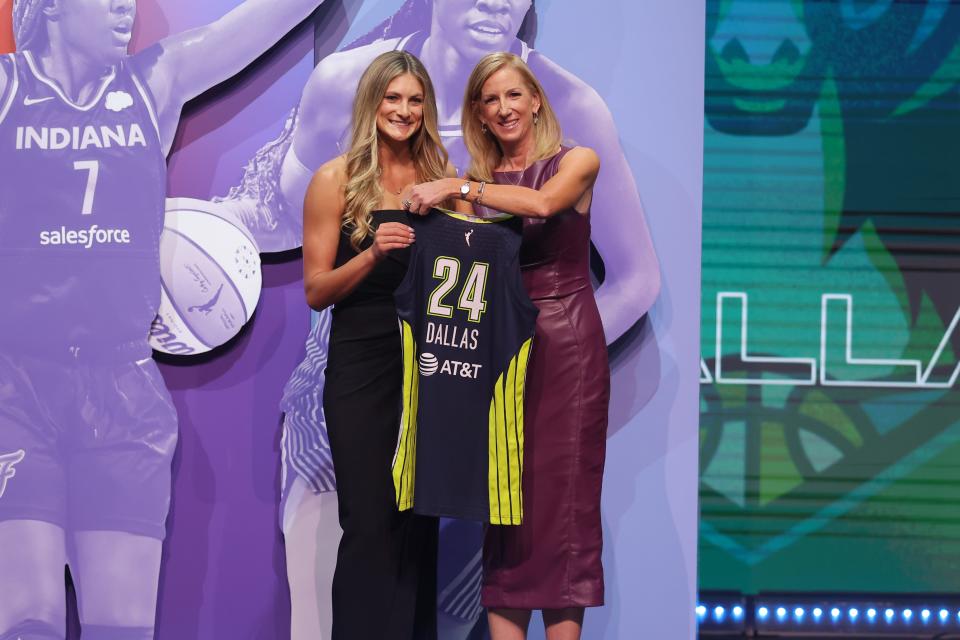 Ohio State's Jacy Sheldon poses with WNBA commissioner Cathy Engelbert after the Dallas Wings drafted her fifth overall.