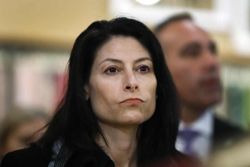 FILE - In this March 18, 2019, file photo, Michigan Attorney General Dana Nessel attends an event in Clawson, Mich. Enbridge Inc. said Friday, March 6, 2020, it has hired companies to design and build a disputed oil pipeline tunnel beneath the channel linking Lakes Huron and Michigan, despite pending legal challenges. Nessel is appealing a Michigan Court of Claims ruling in October 2019 that upheld an agreement between Enbridge and former Republican Gov. Rick Snyder's administration to drill the tunnel through bedrock beneath the straits. (AP Photo/Paul Sancya File)
